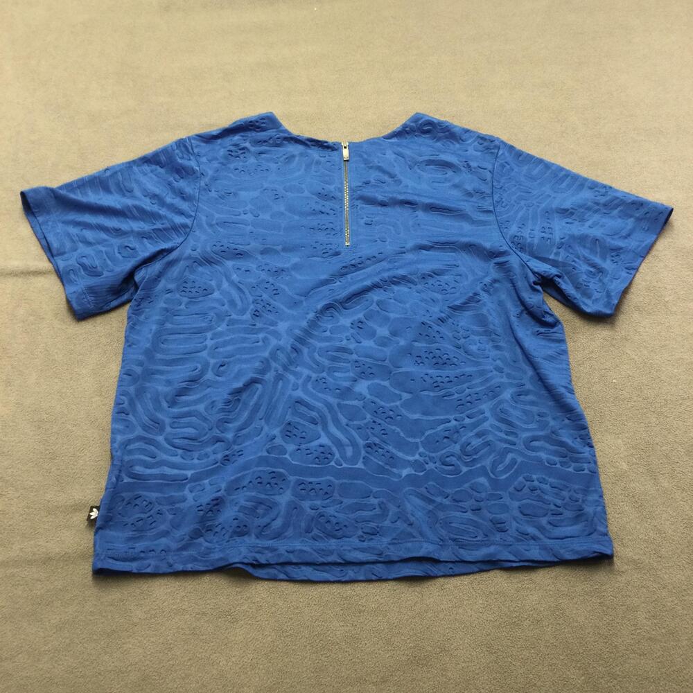 Adidas Originals Shirt Womens M Blue Textured Trefoil Logo Back Zip Short Sleeve